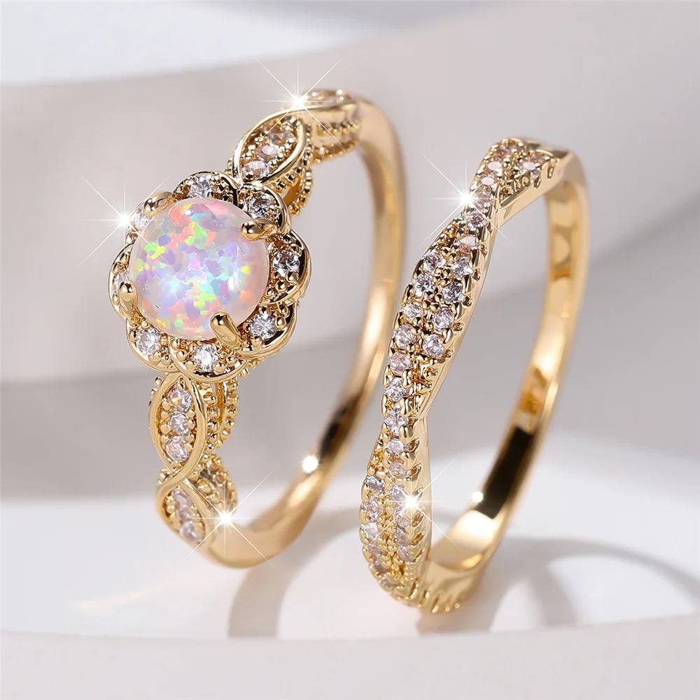 Crystal Female White Opal Round Stone Ring Set Fashion Vintage Gold Color Bridal Wedding Engagement Jewelry For Women