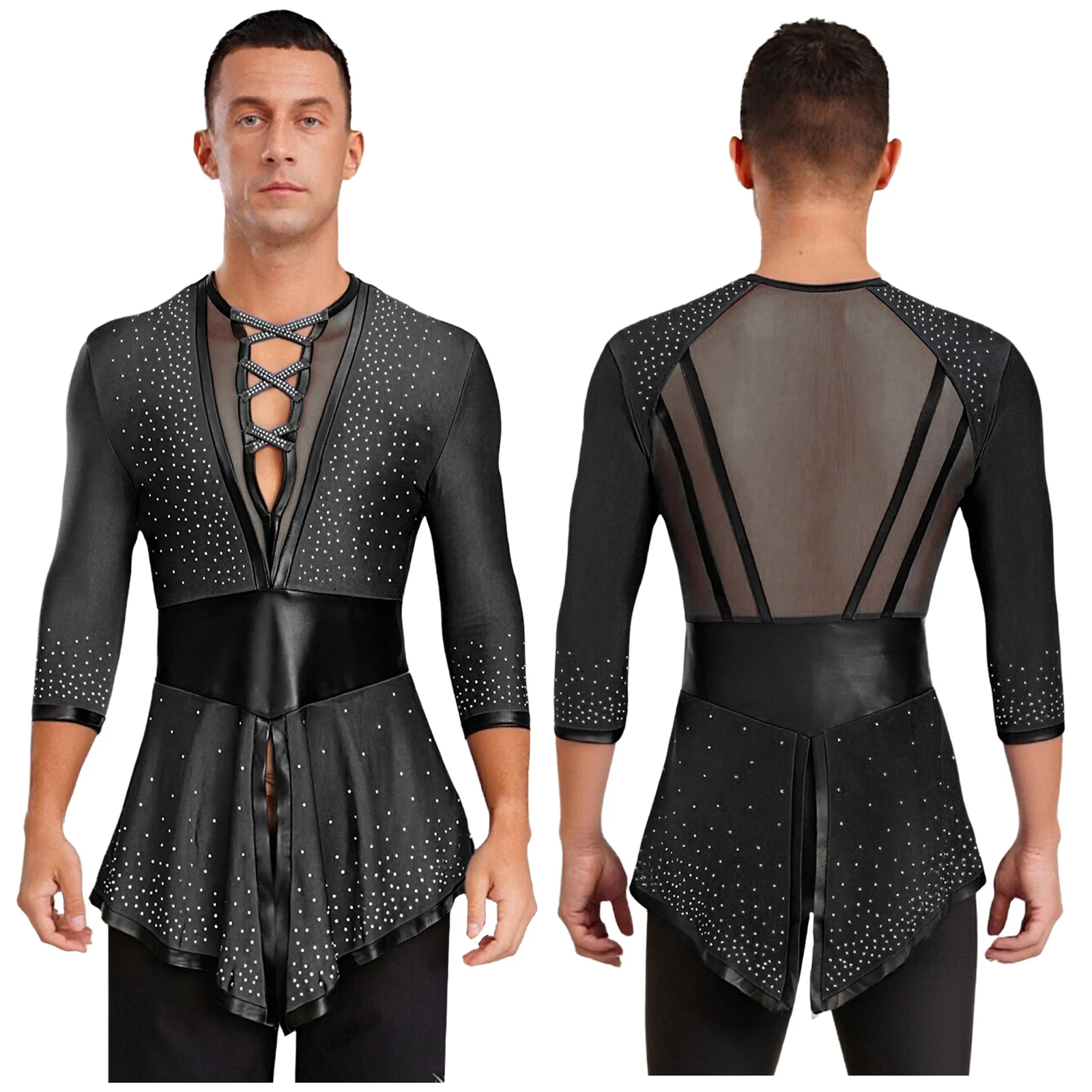 Męskie koszulki do tańca latynoamerykańskiego z siateczki, z długim rękawem, stylowe, z cekinami, do baletu, tanga, flamenco, tańca towarzyskiego.