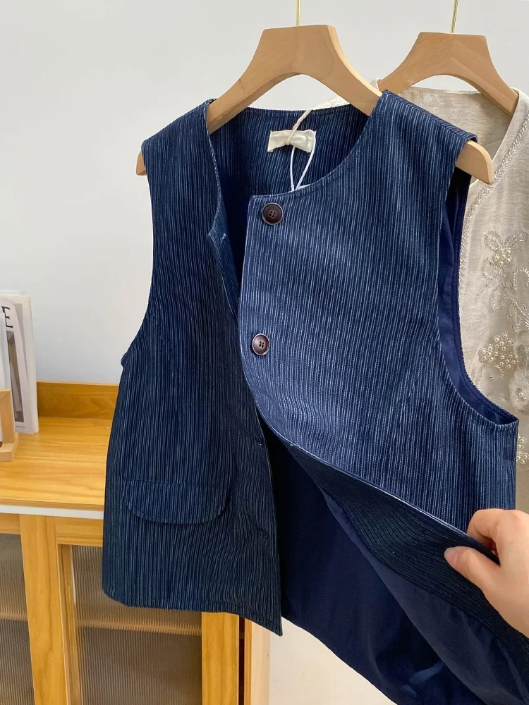 

Retro Blue Denim Vest Women's Summer Loose Layering Outerwear oulder Pad Jaet Top Button round Ne Single-Sided Coat