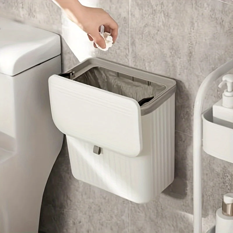 Space saving wall mounted trash bin 2-in-1 with lid, toilet, household kitchen, hanging wall crevice storage bin