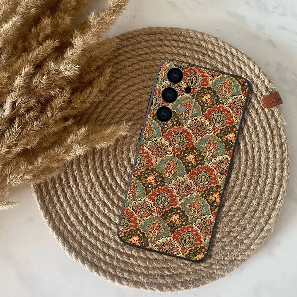 Perzisch tapijt bloemenpatroon telefoonhoesje voor Samsung S25, S24, S21, S22, S23, S30, Ultra, S20, Plus, Fe, Lite, Note, 10,9,5G zwarte cover