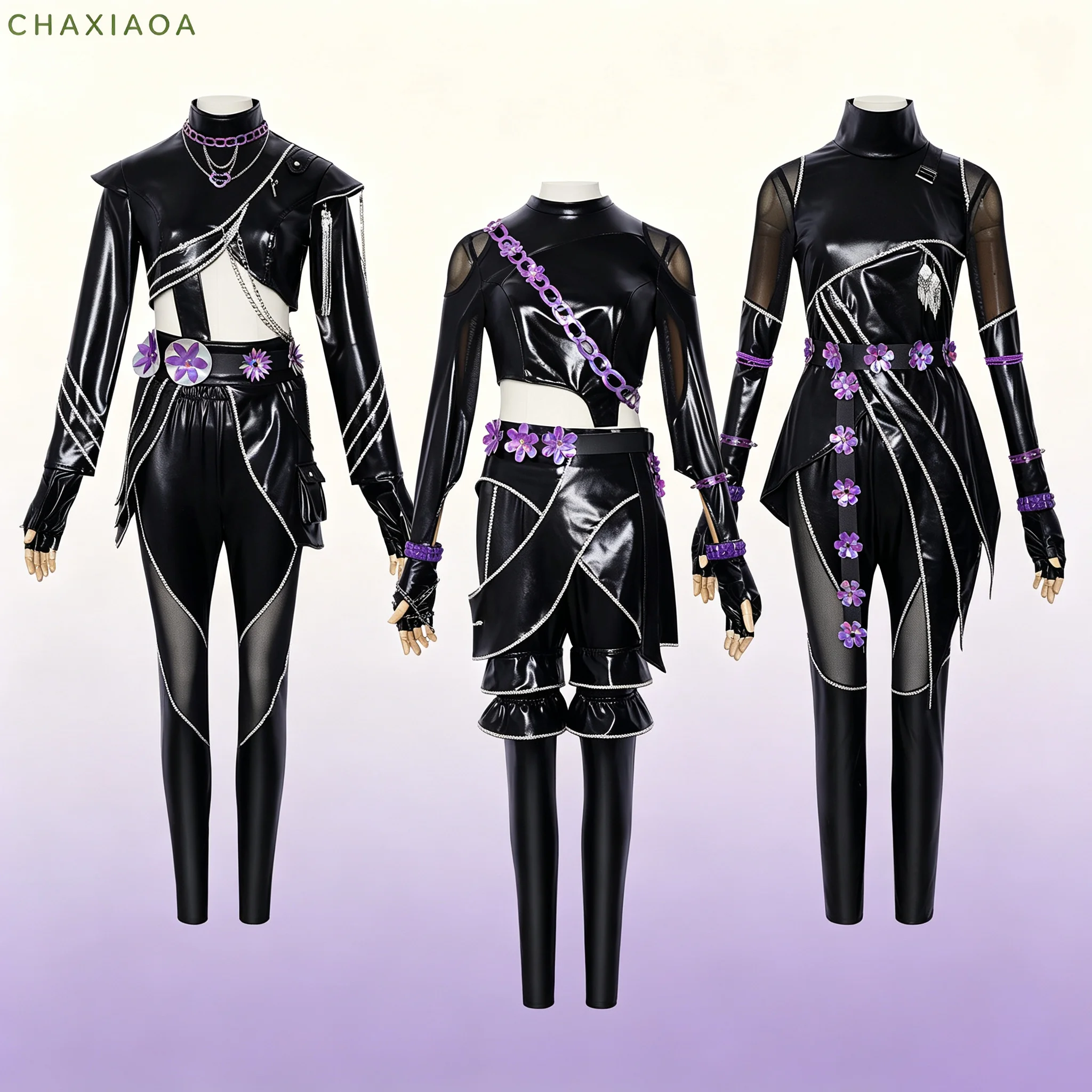Anime-Cosplay-Kostüm, schwarzes Kunstleder-Outfit, lila Blumenmuster, komplettes Set, Halloween-Bühnenkostüm für Comic-Con-Partys.