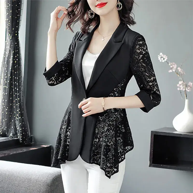 Blazer Panjang Polos Musim Semi Musim Panas Tipis Patchwork Berongga Kancing Renda V-neck Kantor Wanita Formal Kasual Fashion Pakaian Wanita