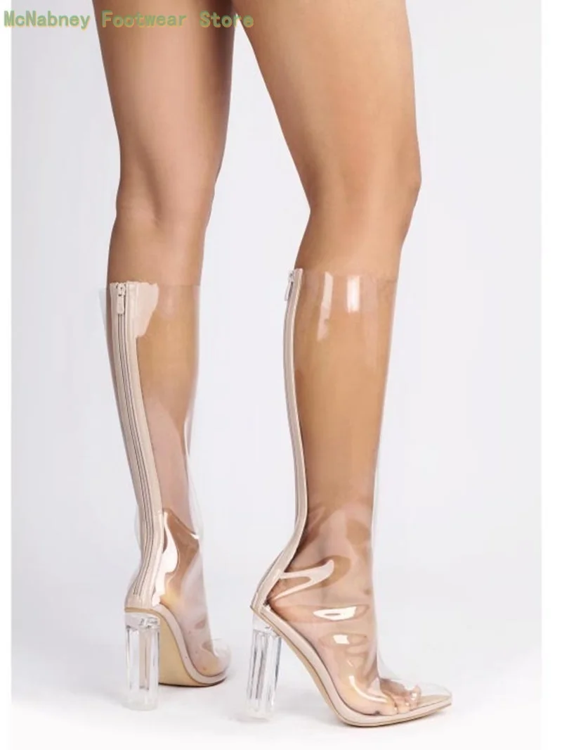 

pointed Sexy Chunky heels women's boots transparent high-top Knight boots Side zipper Long tube knee-high boots New models for