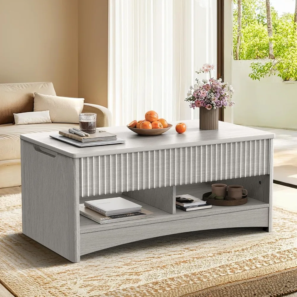 Stolik kawowy z podnoszonym blatem i otwartym i ukrytym schowkiem, nowoczesny stolik kawowy z rowkowanym wzorem i płynnym mechanizmem podnoszenia, solidny i oszczędzający miejsce.