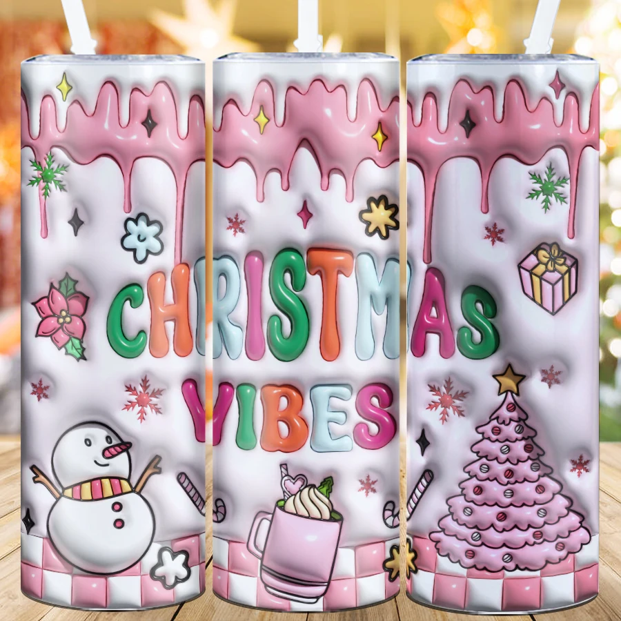 Christmas Coffee Mugs Straw Lid 1Pc 20oz Stainless Insulated Tumblers 3D Print Xmas Water Bottle Party Deocration Supplies