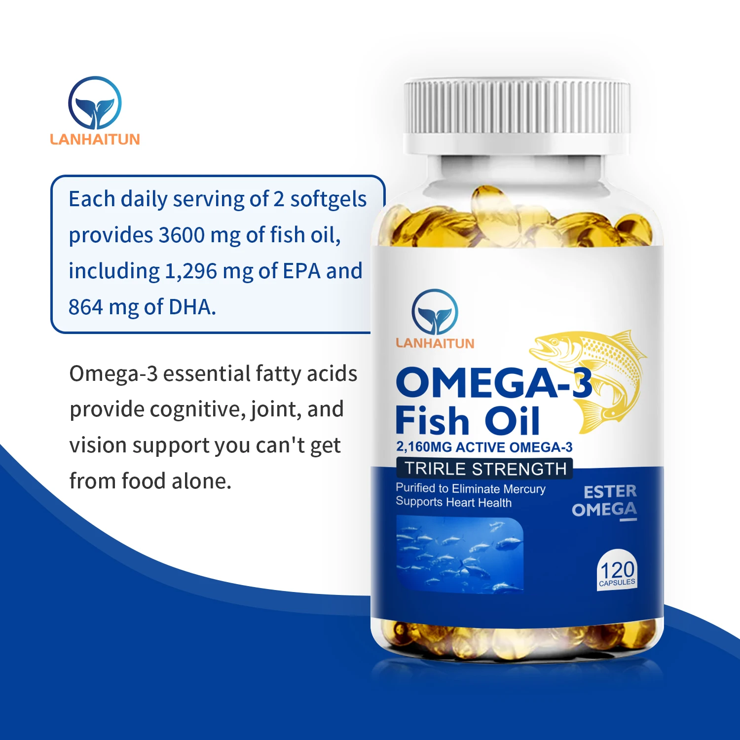 LANHAITUN 3 Bottles 2160MG Fish Oil Omega 3 Rich in DHA & EPA Promotes Immunity Joints, Eyes, Brain & Skin Health