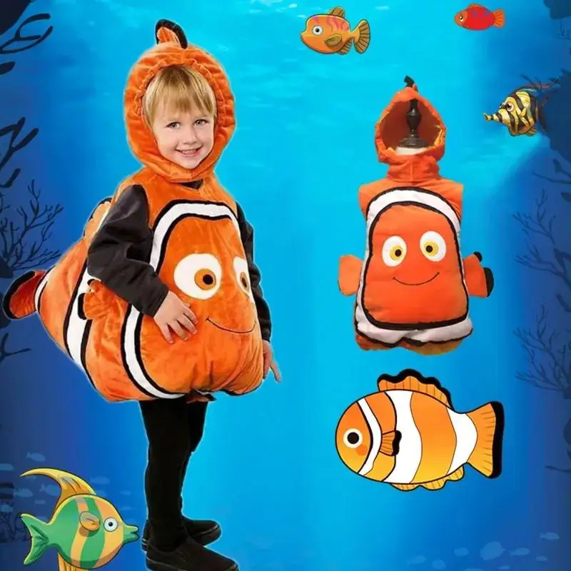 Neues Halloween-Kostüm Cartoon-Tier Unterwasser-Mobilisierung Nemo Clownfisch Overall Kopfbedeckungs-Set für Erwachsene Jungen Mädchen