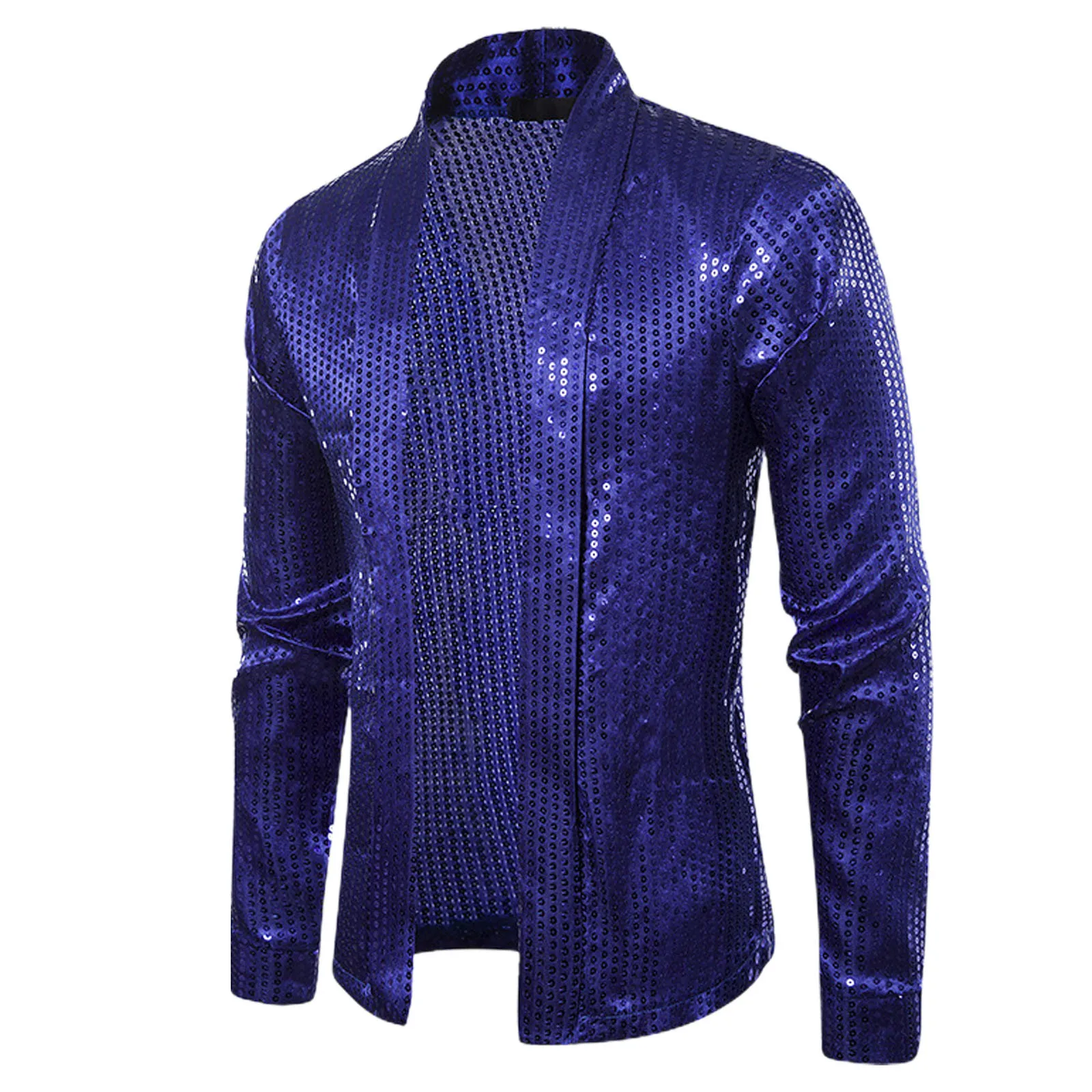 New Blue Glitter Sequins Jacket Fashion Nightclub Sequin Unbuttoned Cardigan Coat Long Sleeve Sparkly Coat Mens Slim Fit Tops