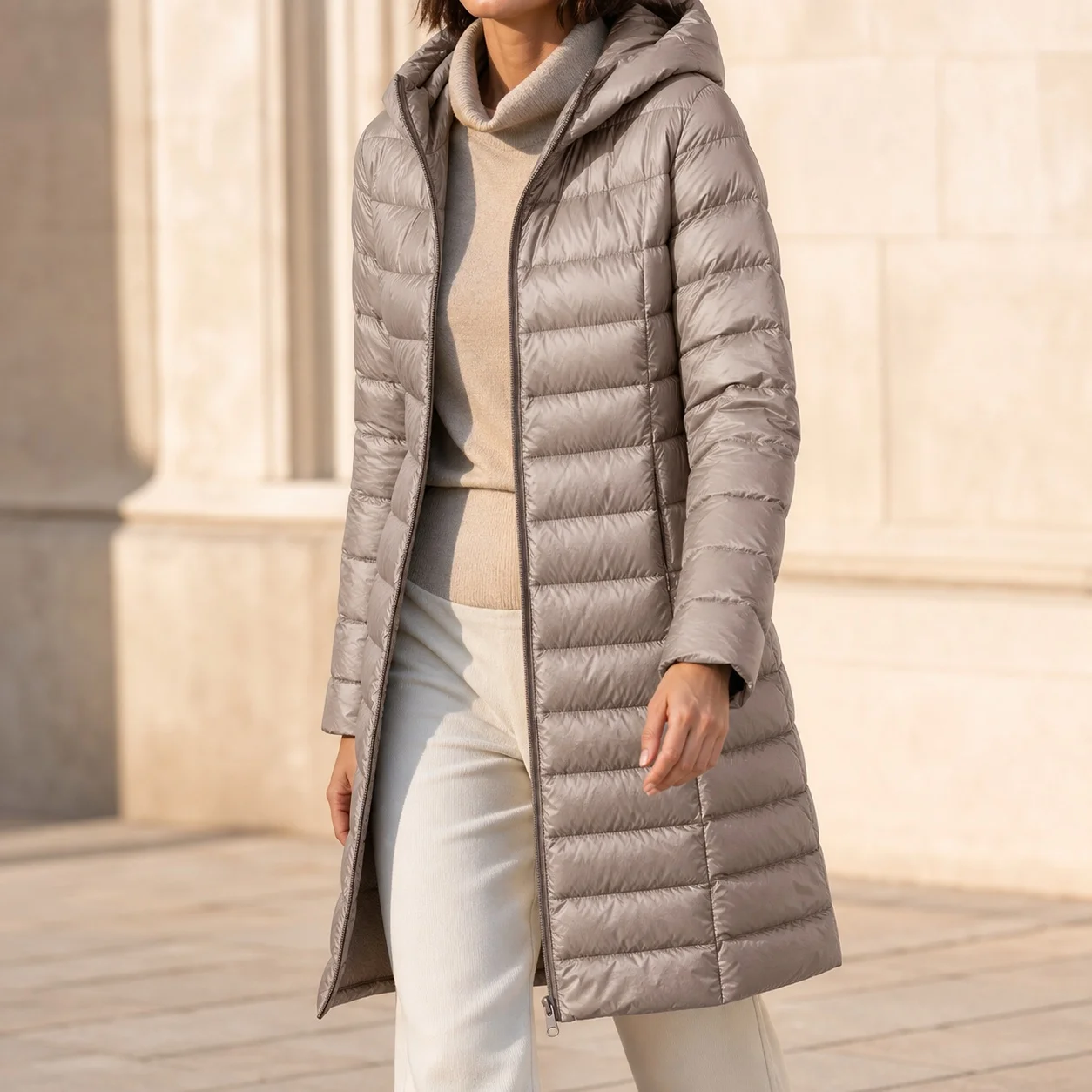 Women Winter Lightweight Slim Fit Hooded Down Jacket Mid Long Long Sleeve Zipper Pocket Breathable Winter Female Outerwear