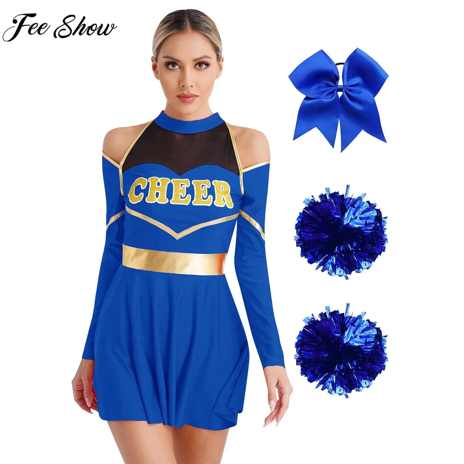 Women Cheerleading Dance Costume Cold Shoulders Dress with Hair Band Flower Balls Basketball Match Party Clothes Dancewear