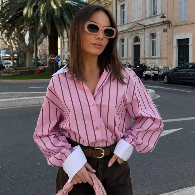 Women's Shirt 2026 New Fashion Spring Summer Contrast Cuff Pink Striped Loose Shirt for Women Chic Personality Female Top