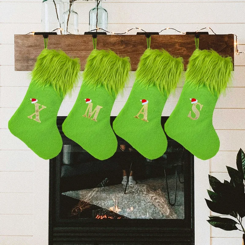 

Knitted Green Plush Christmas Stockings Xmas Letter Socks Merry Christms Candy Gift Bag Noel 2025 Feliz Navidad Supplies