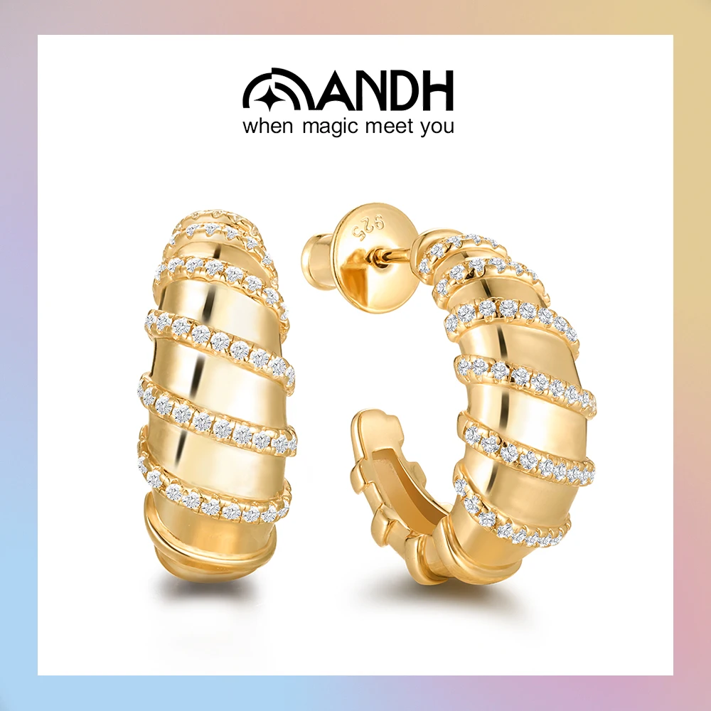

ANDH Moissanite Half Open Hoop Earrings for Women 925 Sterling Silver 18K Gold Plated Twisted Design Party Wedding Fine Jewelry