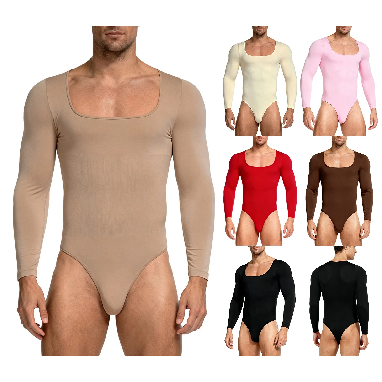 

Mens Ribbed Long Sleeve Bodysuit Athletic Yoga Fitness Square Neck Openable Crotch High Cut Leotard Undershirts Jumpsuit