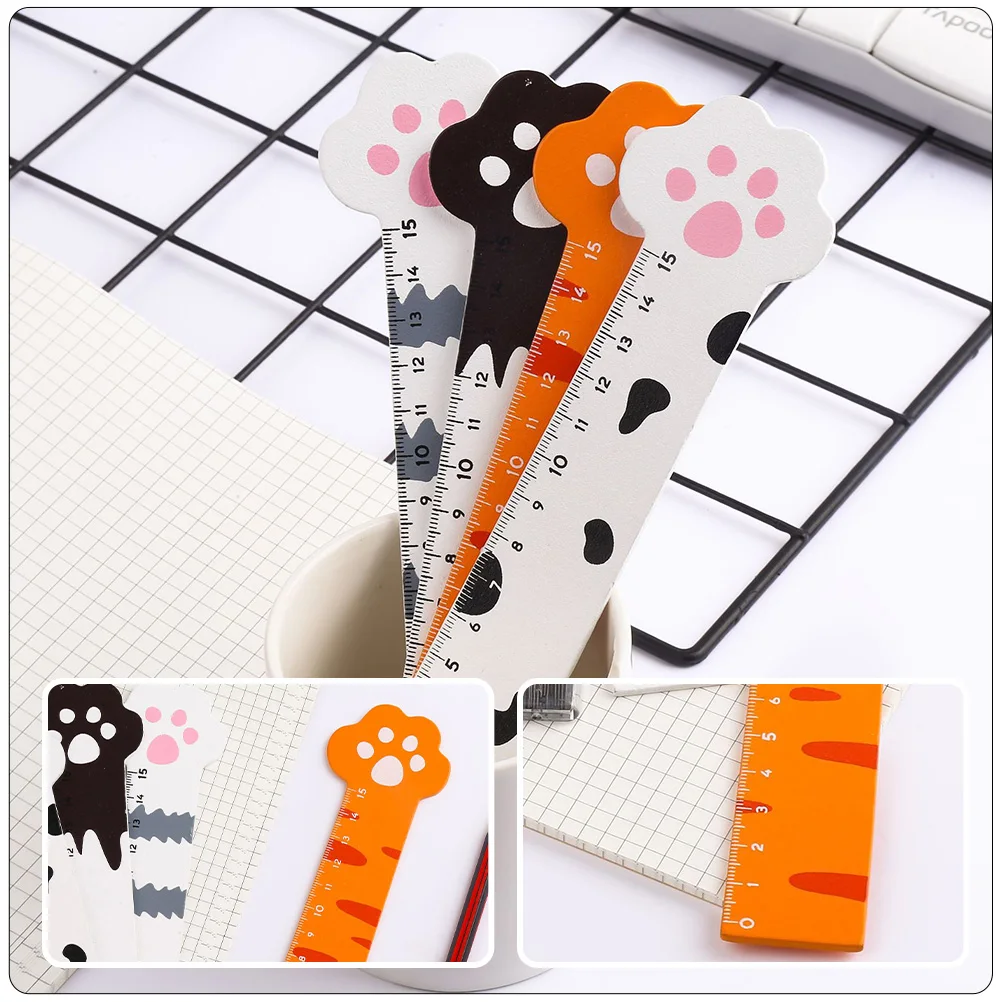 4 Pcs Cartoon Cat Claw Ruler School Supplies Wooden for Girls Learning Cute Small Child Kawaii