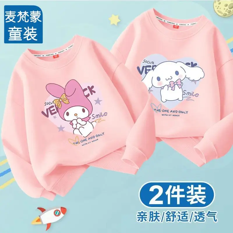 Cute Girl Kuromi Hoodies Kawaii Cinnamoroll Pullover Two pieces Round neck Sweatshirts Cartoons Children Casual Kids Clothes