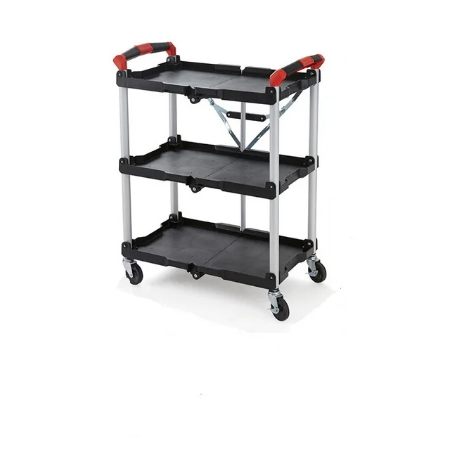 3Tiers Foldable Plastic Service Trolley with Wheels for Storage & Organization