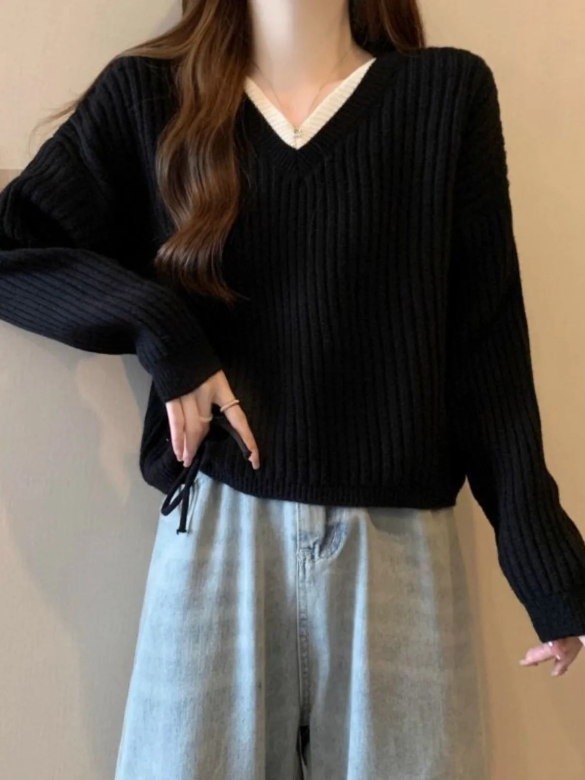 Women's V-Ne Knitted Sweater ort Loose Fit Spring Faion Korean Sle Dstring Top Slimming Design Casual Wear