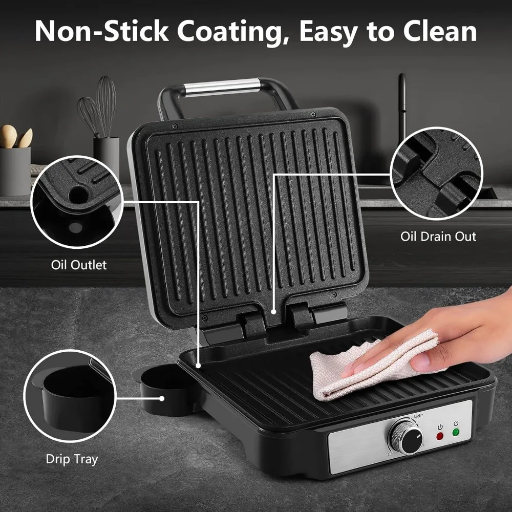 Panini Press Sandwich Maker, 4 Slices Panini Grill Non-Stick Coated Plates, Panini Makers with Temperature Control, 180 Degrees