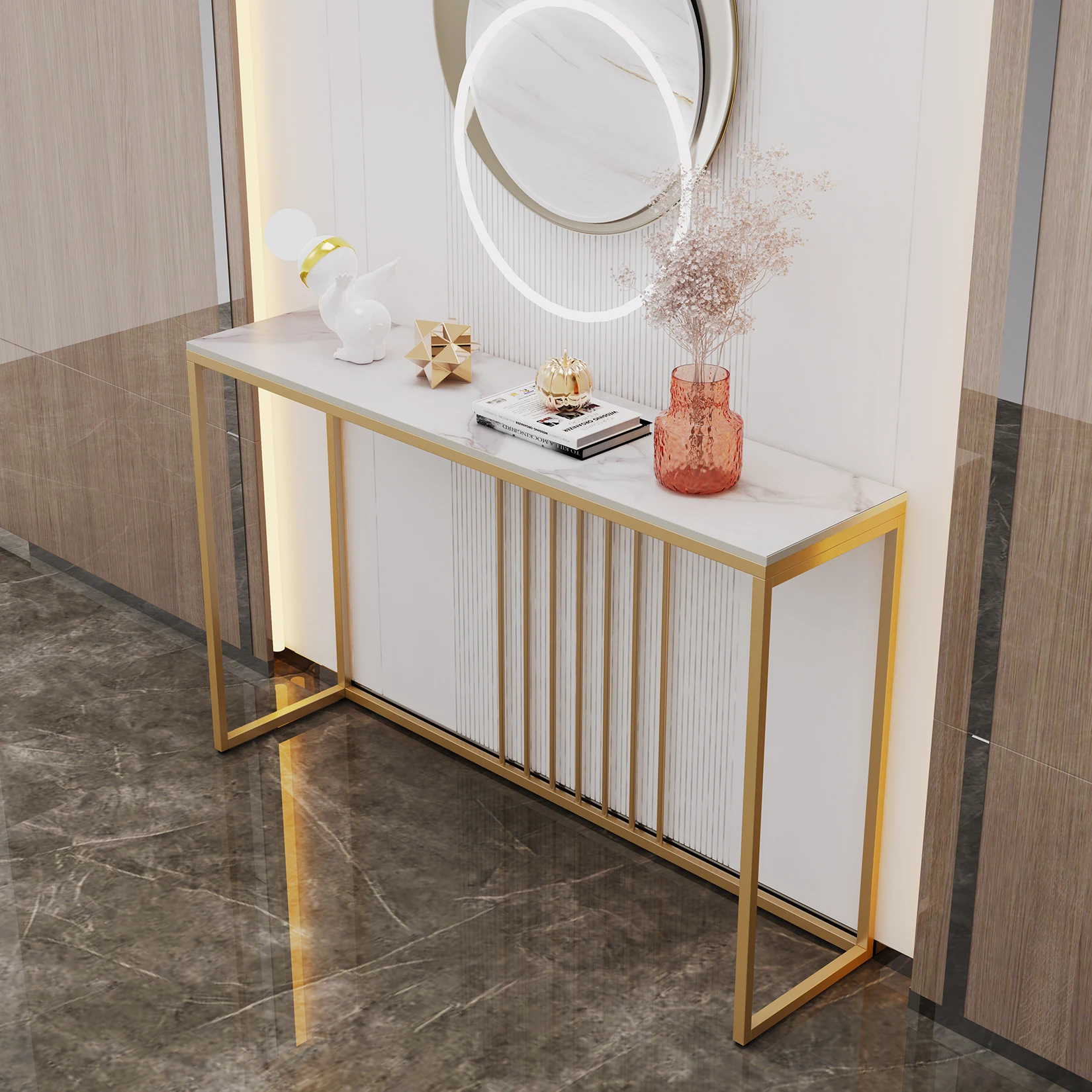 120CM Modern Marble Slim Narrow Console Table Hall Entrance Window Accent Table Art Decorative Metal Frame