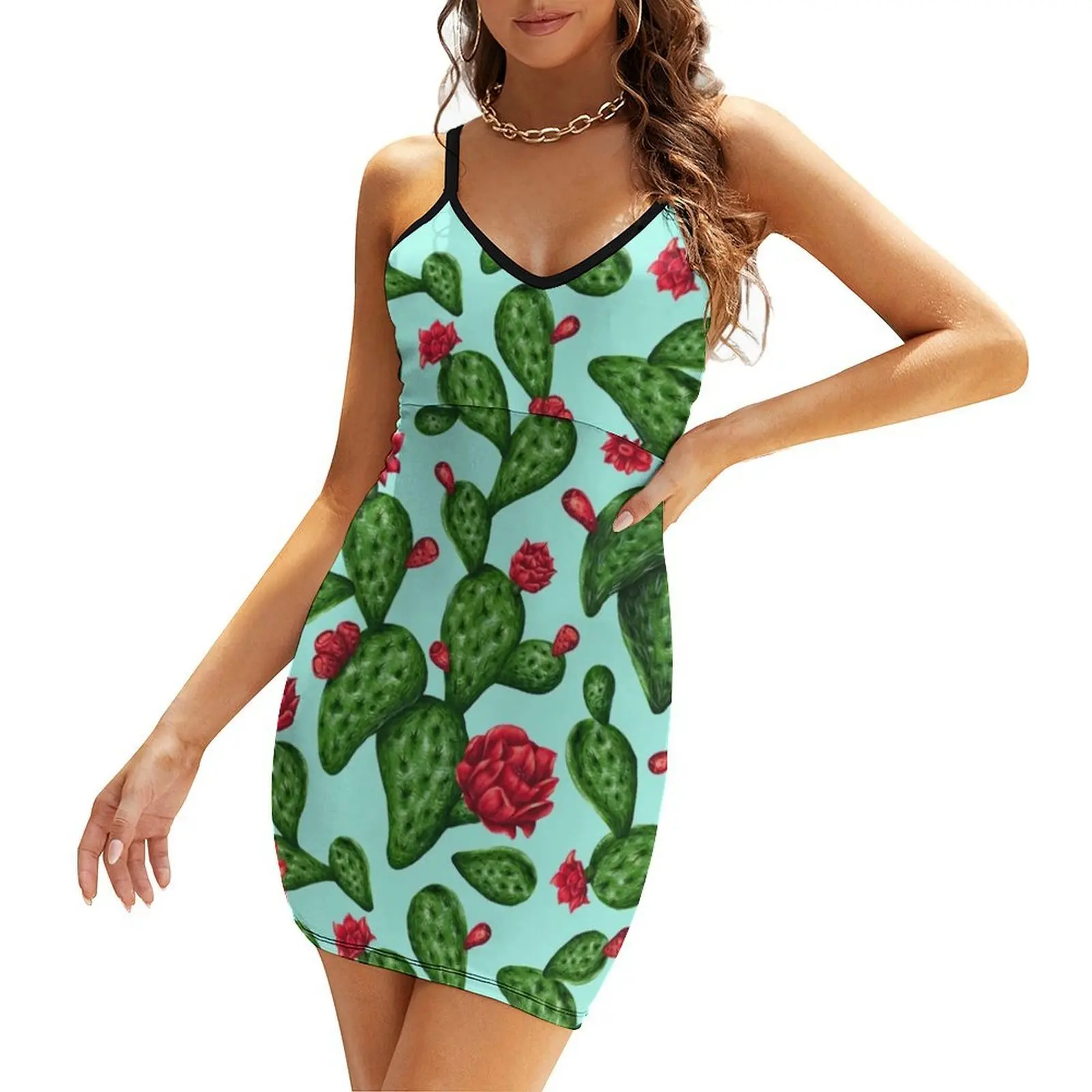 

Nice cactus pattern Sling Dress clothes for woman elegant women's dresses for wedding dress women summer Dress woman
