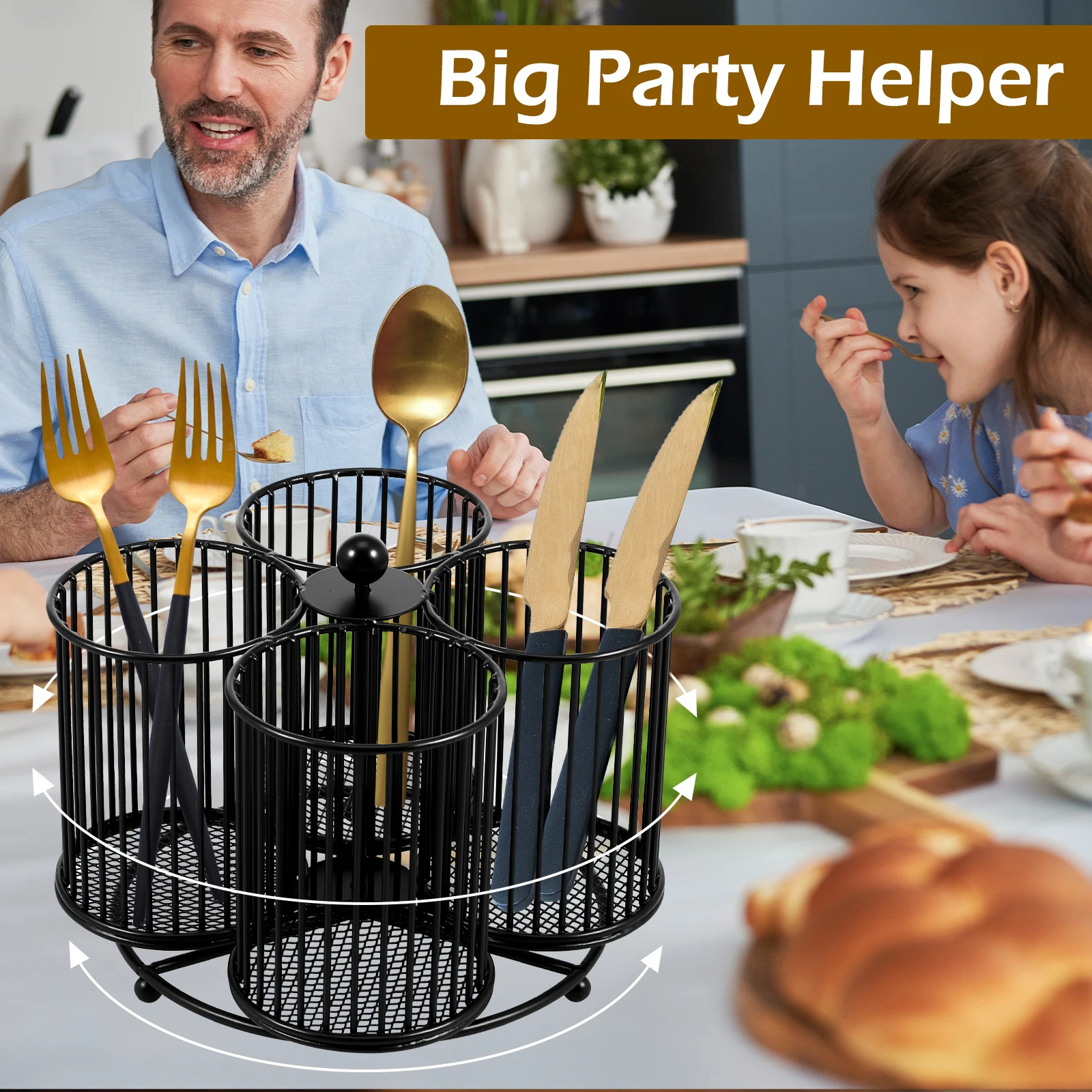 Metal Utensil Caddy 360 Degree Rotating Cutlery Holder 3/4/5 Compartment Flatware Storage Basket for Kitchen Camping Countertop