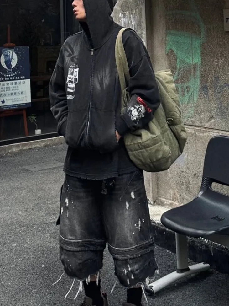 

Retro Waed Frayed Hem Denim orts Men's Paratrooper Workwear orts Casual Loose Fit Straight Leg mid Waist Zipper Fly