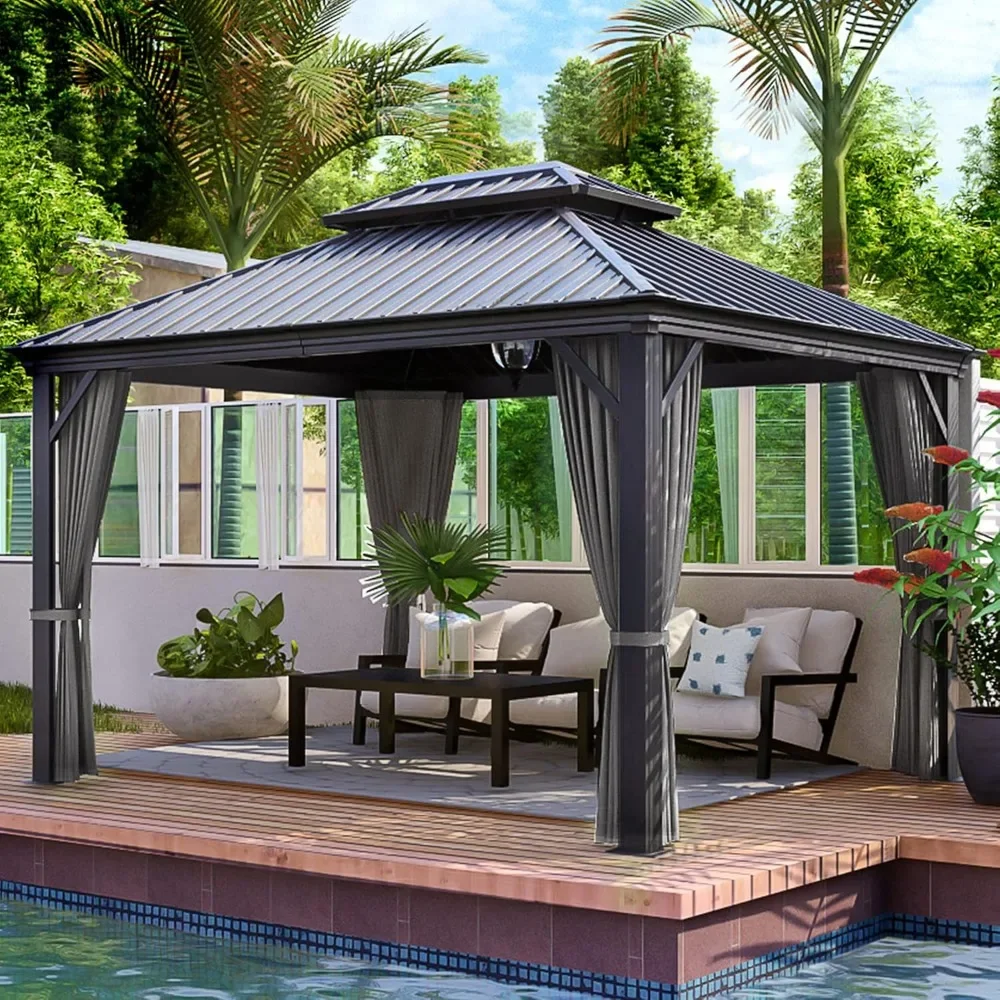 10' X 12' Hardtop Gazebo, Gazebo with Netting and Curtains, Double Roof Permanent Patio Metal Gazebo Canopy for Patio, Deck