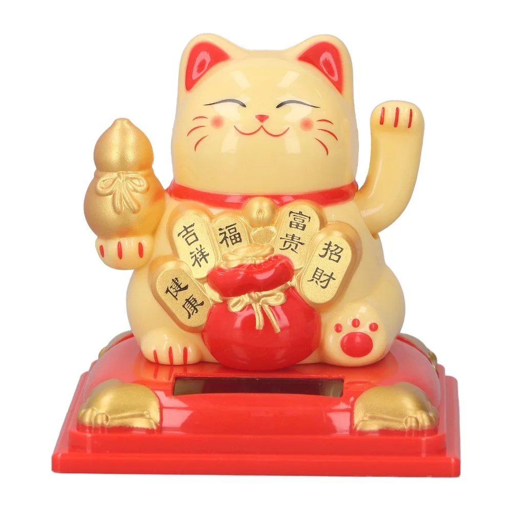 Plastic Solar Waving Lucky Cat White ， Yellow Manual Polished Details Automatic Paw Swing Cat Decor 2.5in