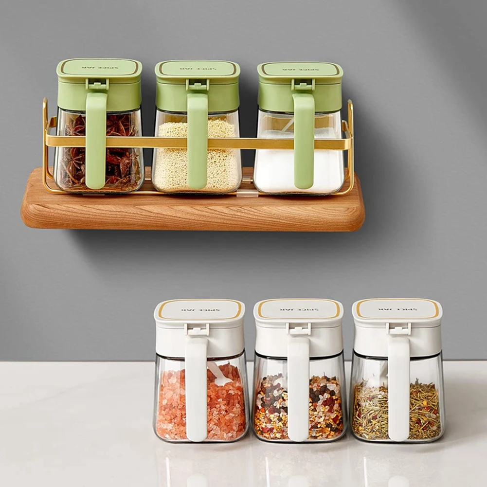 

Canisters Pots Seasoning Box Salt Container Green Easy To Use Condiment Jar Spice Container+Lids & Spoons,Clear Glass Condiment