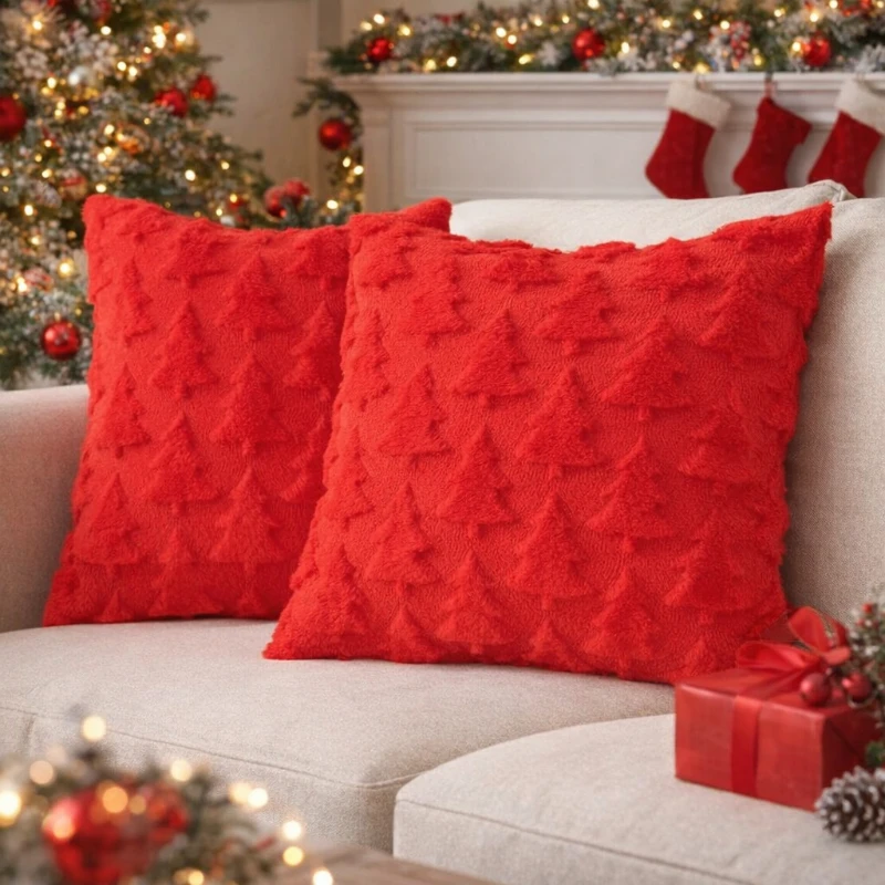 2PCS Christmas Throw Pillow Covers, 3D Embossed Christmas Tree Cushion Covers, Festive Decorative Pillowcases for Sofa Couch, Xmas Holiday Home Decor