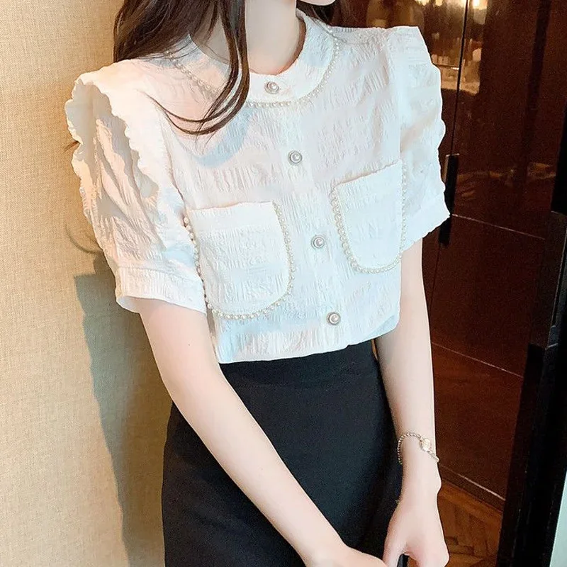 Sweet Temperament White Shirt Tops Short Sleeve O-neck Solid Color Pleated Fashion Blouse Korean Trend Women Clothing Summer New