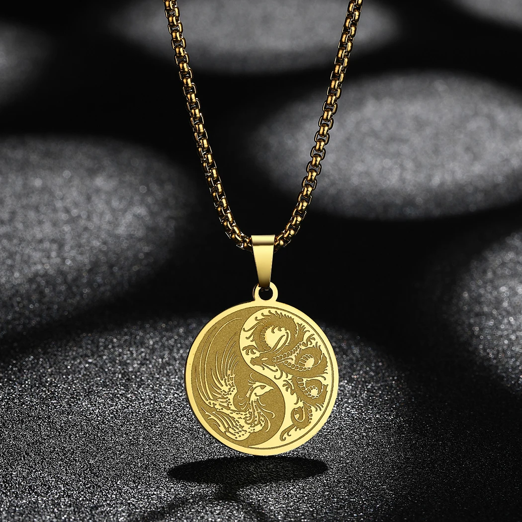 Kinitial Stainless Steel Yin Yang Necklace Red Dragon And Phoenix Balance Colorful Unisex Pendant Ancient Chinese Accessories