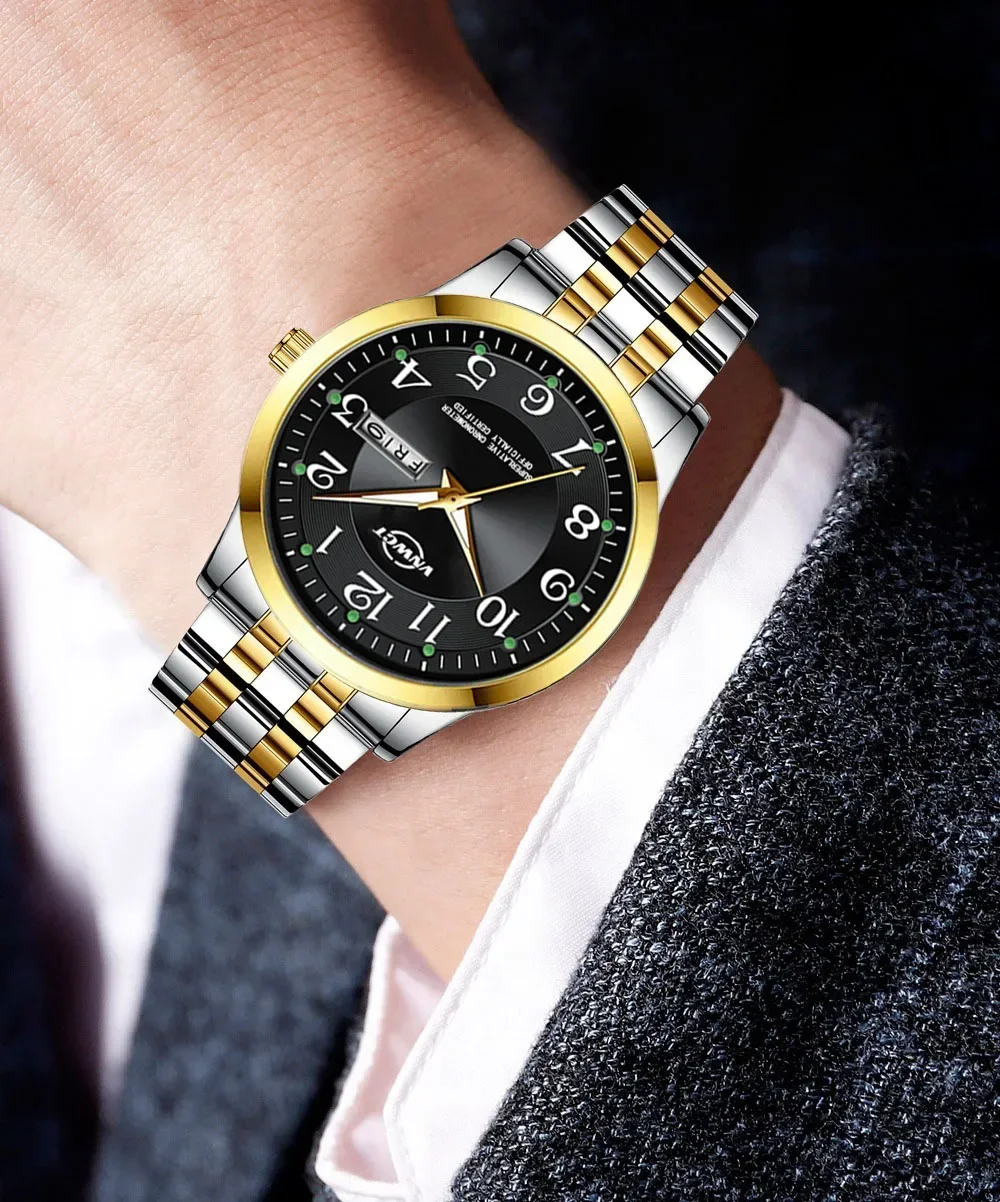 Men's Watch Stainless Steel Band Fashion Luminous Quartz Watch for Man Dual Calendar Male Clock Reloj Hombre Clock