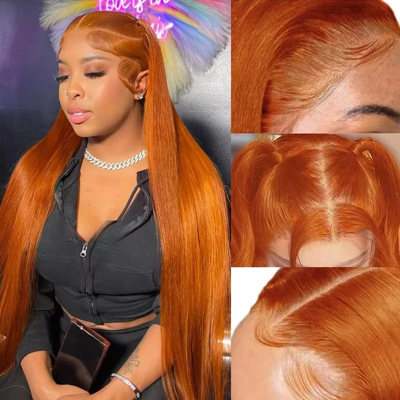 

#350 Colored Straight Human Hair Wig Ginger Orange Lace Front Wigs Human Hair 13x4 Transparent Lace Frontal Wig 100% Human Hair