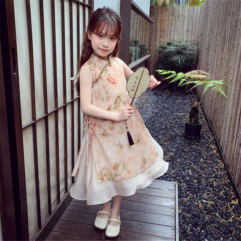 Summer Retro Floral Printed Cheongsam Vestidos Girls Fairy Sleeveless Princess Dress Chinese Style Hanfu Costumes
