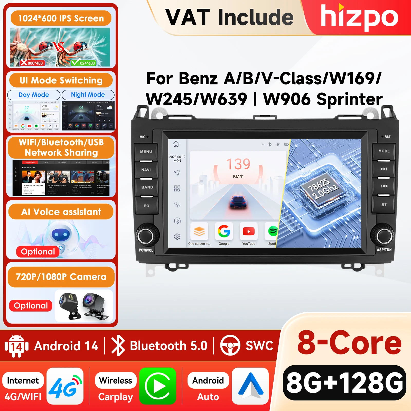 Autoradio Android 2Din 8 Pollici 7862 con Carplay 4G per Mercedes Benz Classe A B B200 W169 W245 W906 Sprinter W639 Vito Viano Multimedia GPS