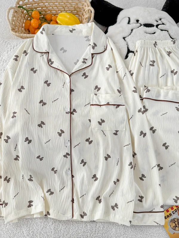 Spring Autumn  Knot Print Long Sleeve Long Pants Pleated Fabric Home Clothes Set Women's Fashion High-End Sleepwear