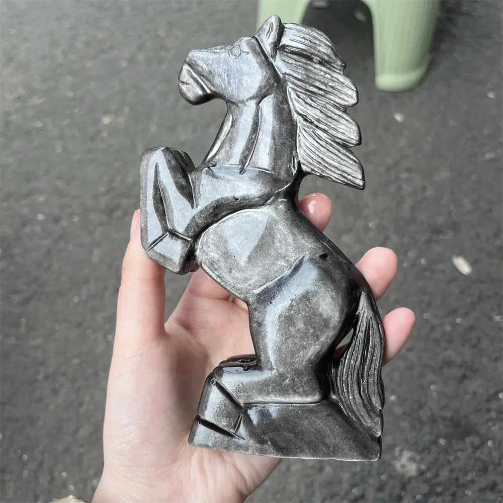 1PCS Natural Silver Obsidian Horse Carving Fashion Gemstone Home Decor Healing Crystal Artwork Birthday Gift