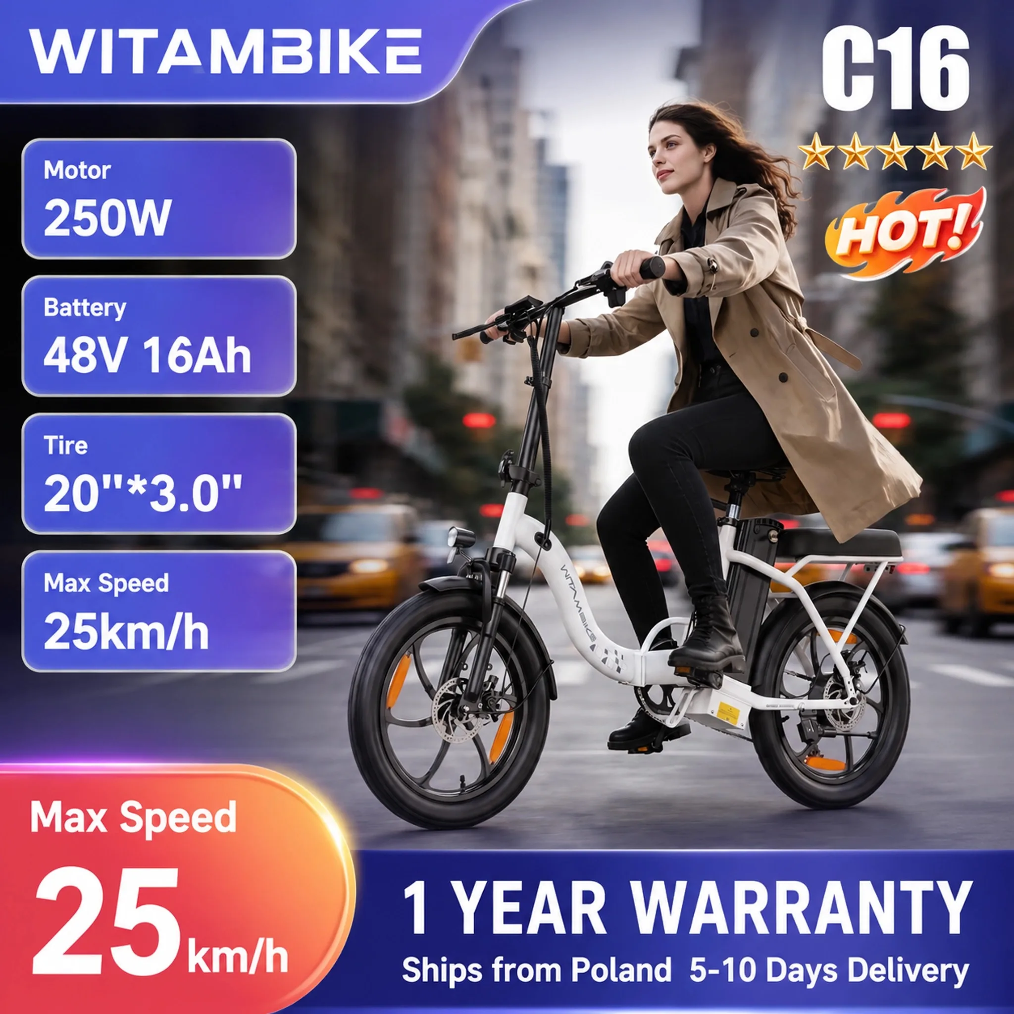 bicicleta electrica plegable witambike c16 de 20 pulgadas bateria de 48v 16ah motor de 250w 7 velocidades hasta 100 km de autonomia neumaticos gruesos suspension de resorte certificacion ce