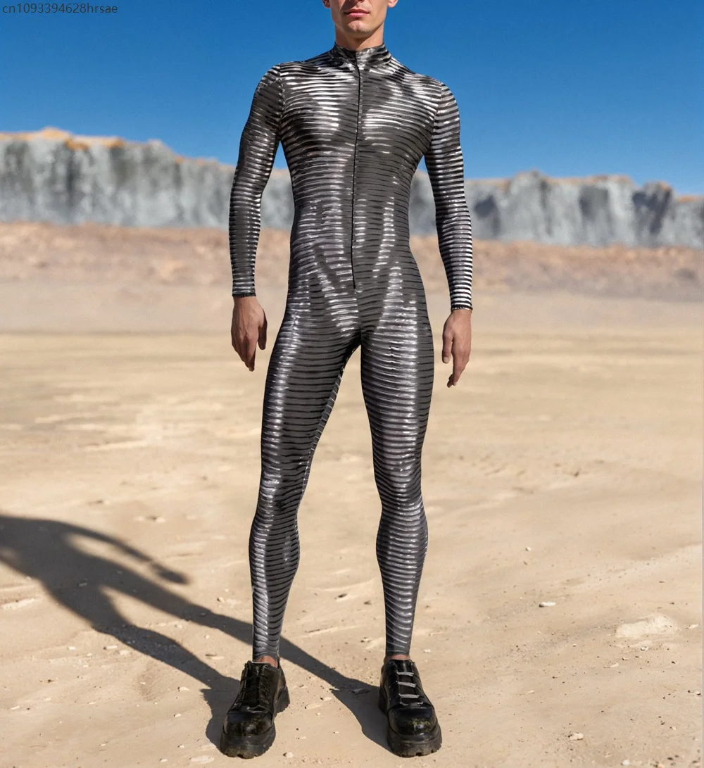 Grey Lining Punk Cosplay Bodysuit Holiday Party Role Play Outfit Zentai Suit Men Costume Carnival Stage Performance Jumpsuit