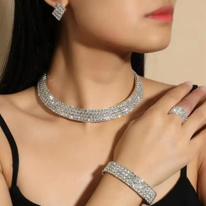 ST 3/4Pcs new Full Necklace Earrings Ring Bracelet Rhinestone Hollow Necklace Bridal Set