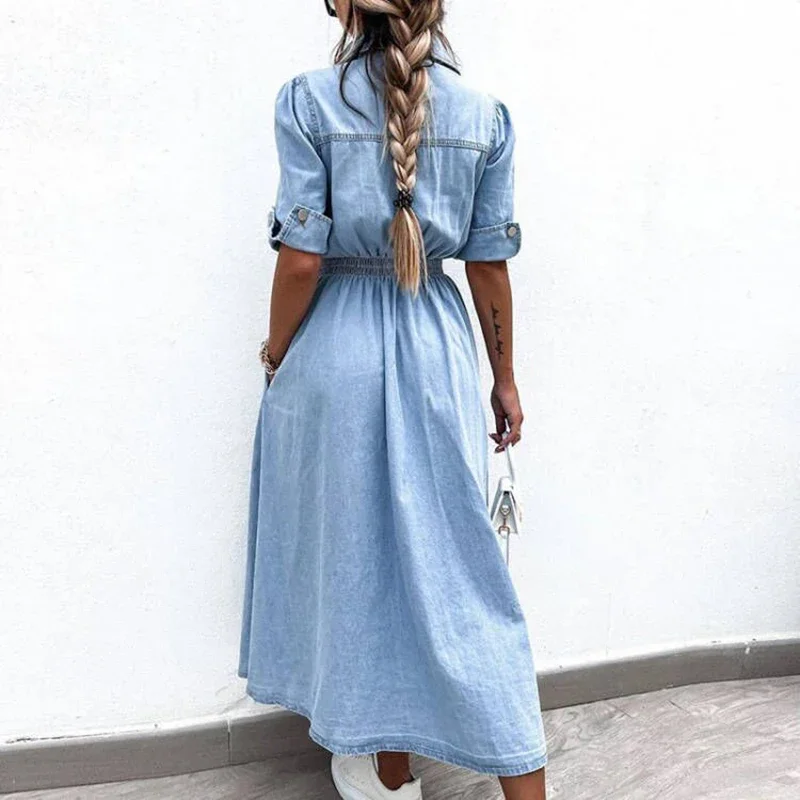 High Street Office Denim Dresses Chic Summer Short Sleeve Women Elastic Waist Long Dress Elegant 2024 Lapel Button Jeans Dress