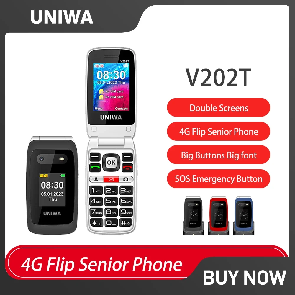 Uniwa โทรศัพท์มือถือ V202T แบบฝาพับหน้าจอคู่, โทรศัพท์มือถือขนาด1450มิลลิแอมป์ต่อชั่วโมงปุ่มกด SOS ขนาดใหญ่สำหรับผู้สูงอายุ4G ราคาถูก