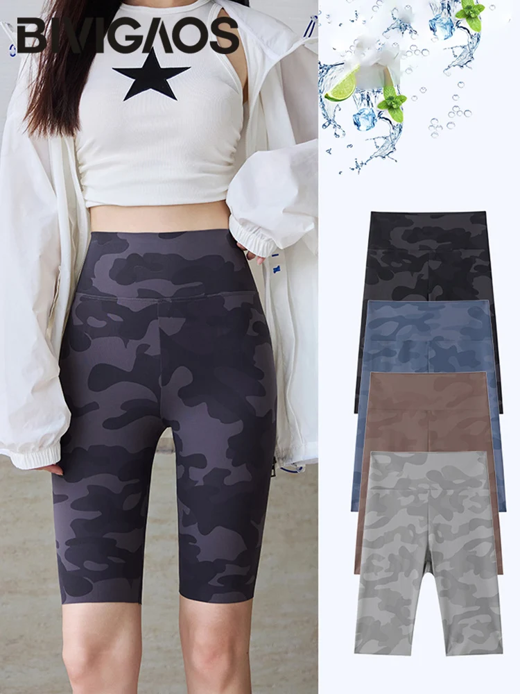 BIVIGAOS Summer Slim Camouflage Knee Length Cycling Shorts Women Casual Sharkskin Sports Running Fitness Biker Short Leggings