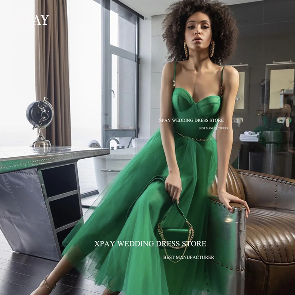 XPAY-Robe de Bal en Tulle Vert, Ligne A Simple, Bretelles Spaghetti, Longueur Thé, Quelle que soit la Robe de Soirée Formelle