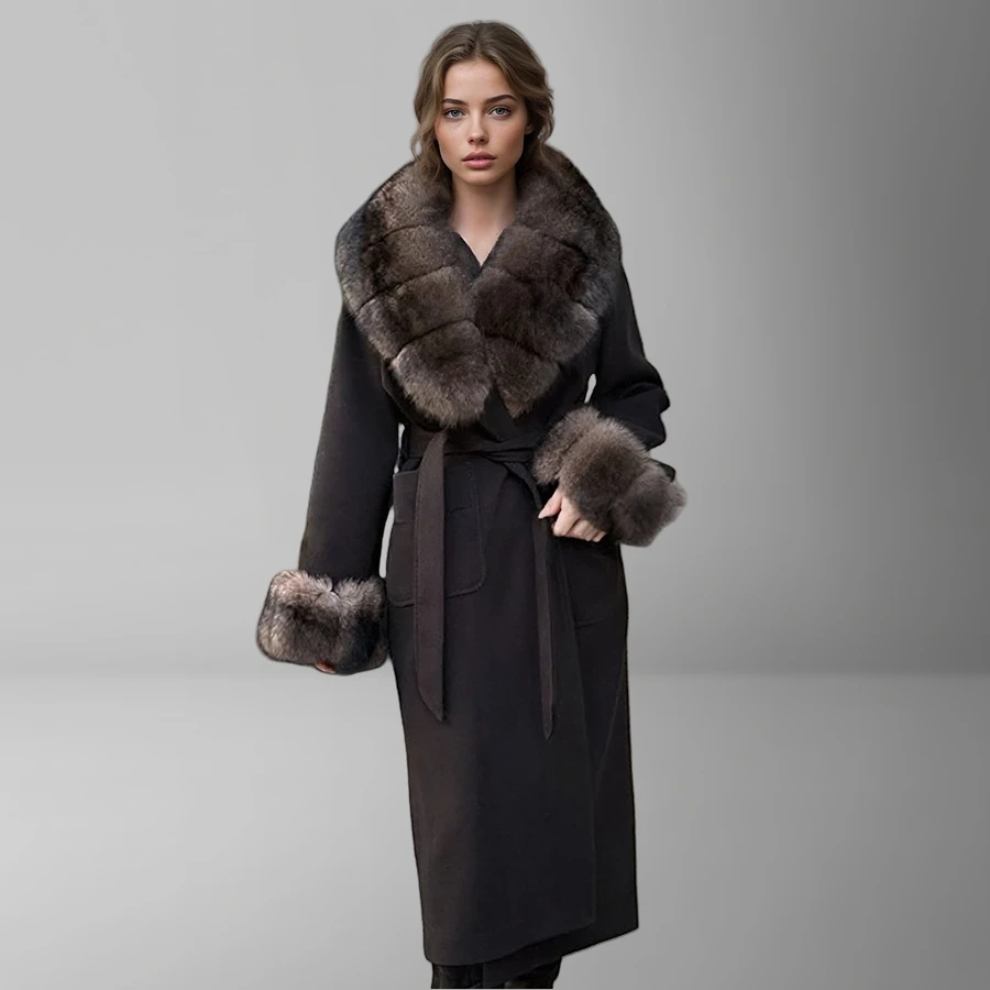 ใหม่ CASHMERE Coat ผู้หญิงผ้าขนสัตว์ผสมยาวขนสุนัขจิ้งจอกจริง Trim ขนสัตว์ธรรมชาติแจ็คเก็ตเสื้อผ้าหรูหราเสื้อขนสัตว์แคชเมียร์