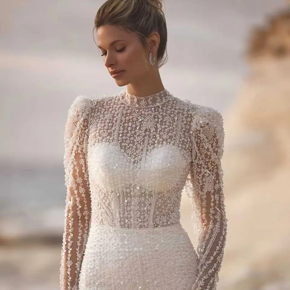 Luxury Mermaid Wedding Dresses Beading Sequins Lace Long Sleeve High Neck Bridal Gown Sweep Train Vestido De Noiva Customized