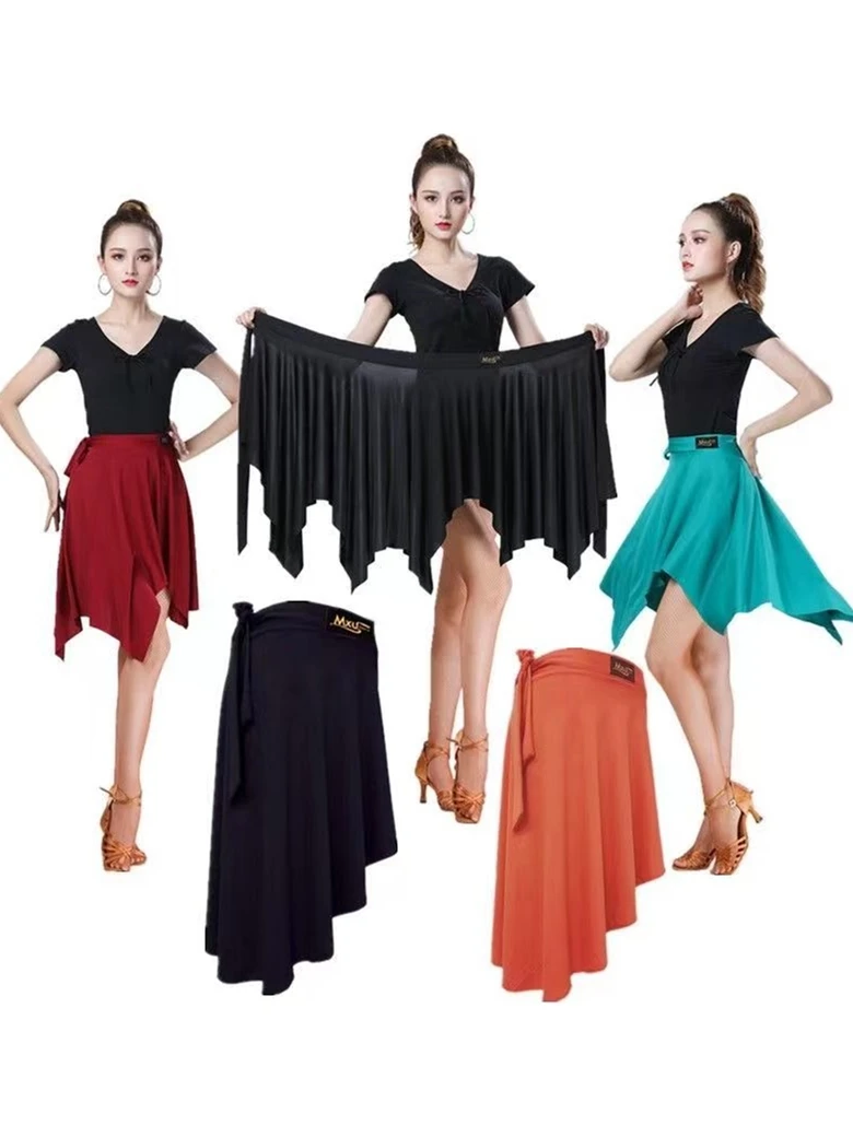 กระโปรงเต้นลาตินสำหรับผู้ใหญ่พร้อมเข็มขัด กระโปรงซ้อมเต้นแบบไม่สมมาตร กระโปรงเต้นสแควร์แดนซ์ กระโปรงยาวสำหรับผู้หญิง